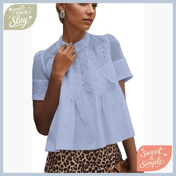 Tops - Lace Trim Babydoll Blouse Puff Sleeve Mock Neck See Through Mesh Top